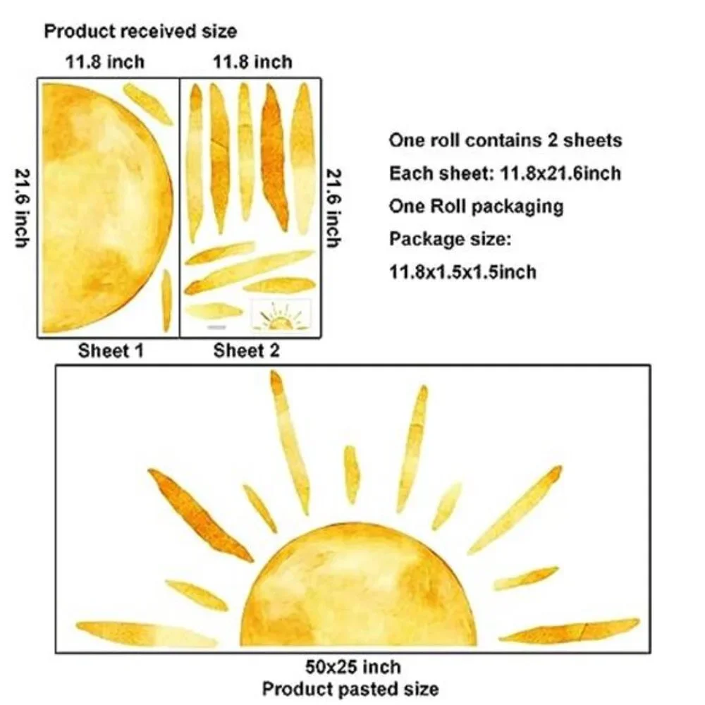 Half Sun Wall Decal Extra Large Boho Sunshine Peel Stick Removable Nursery Decor